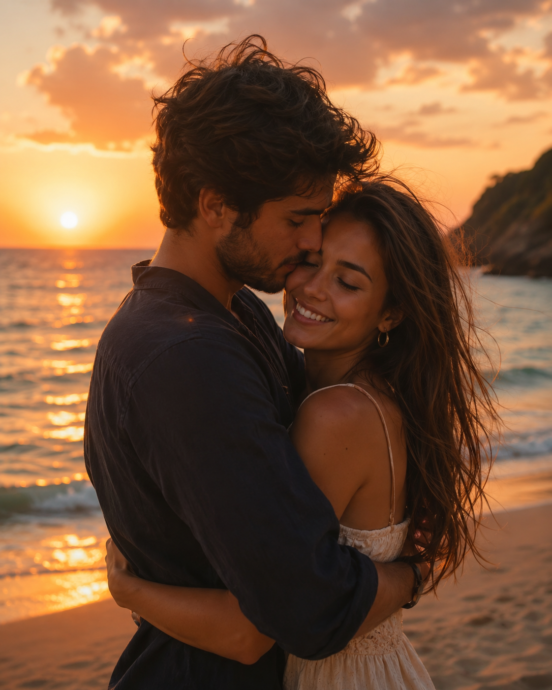 A couple hug composed into a chosen background scene