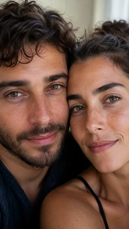 Close-up showing both partners’ faces kept true to the originals