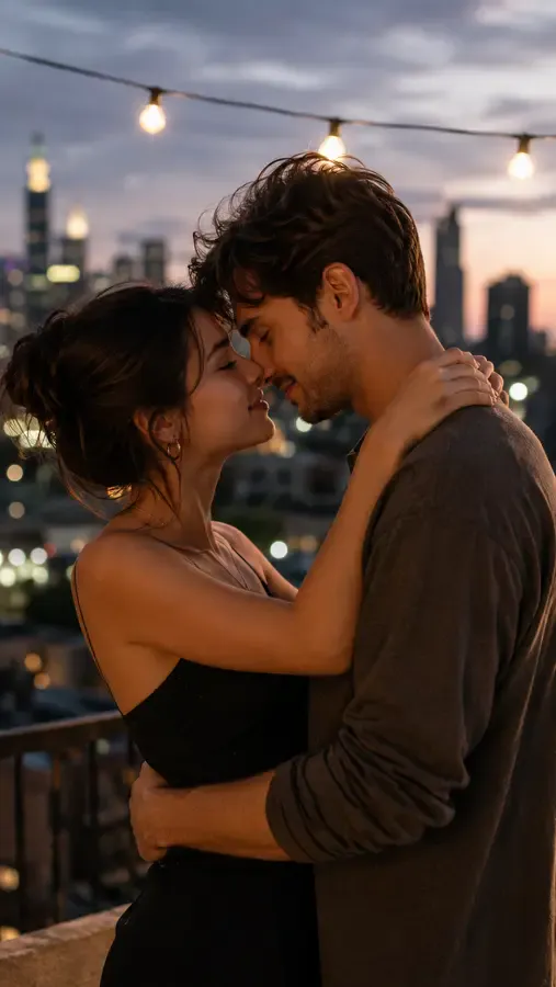 Two partners from different photos merged into one couple kiss