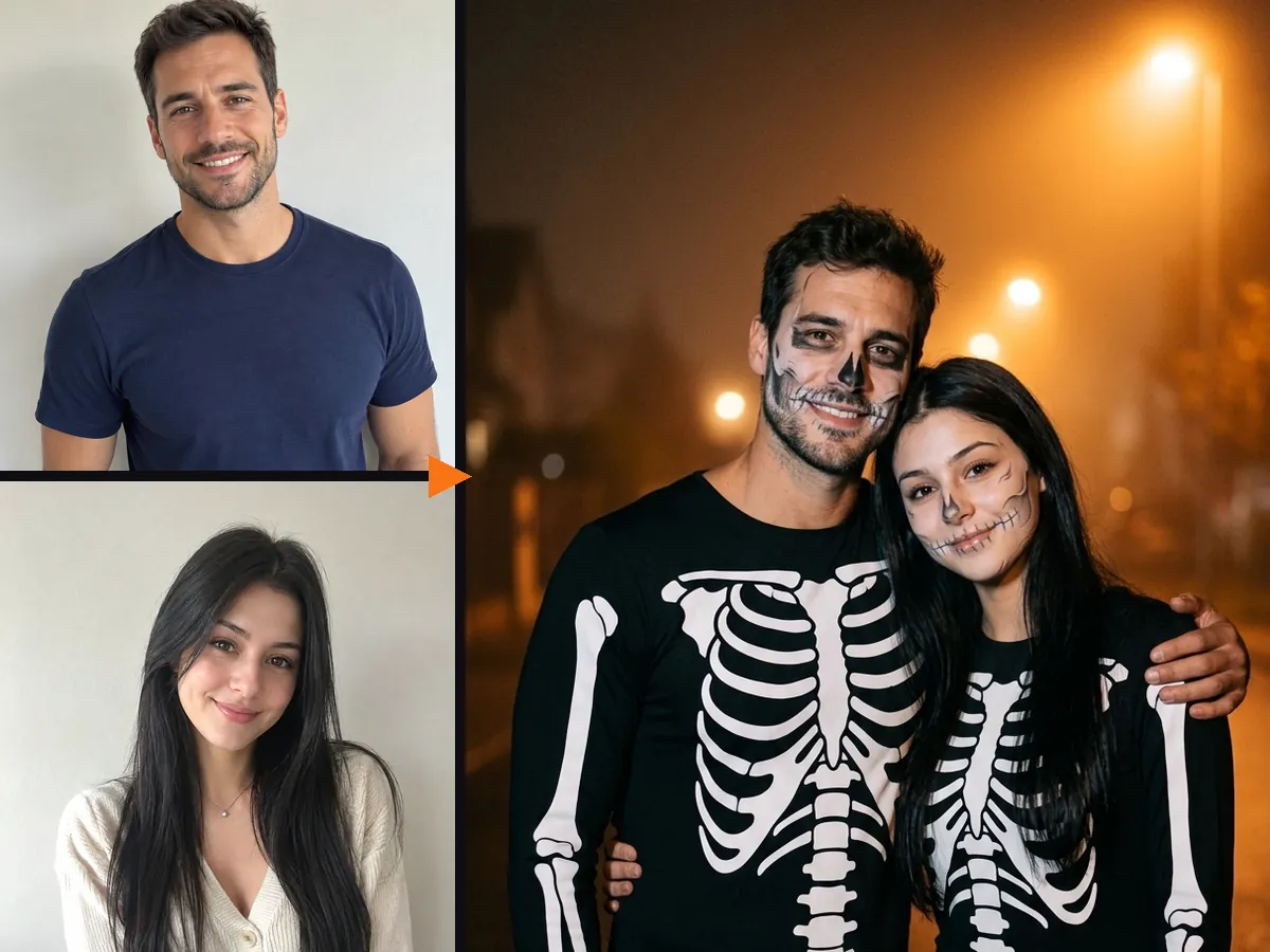 A couple in matching skeleton bodysuits and skull face paint on a foggy street