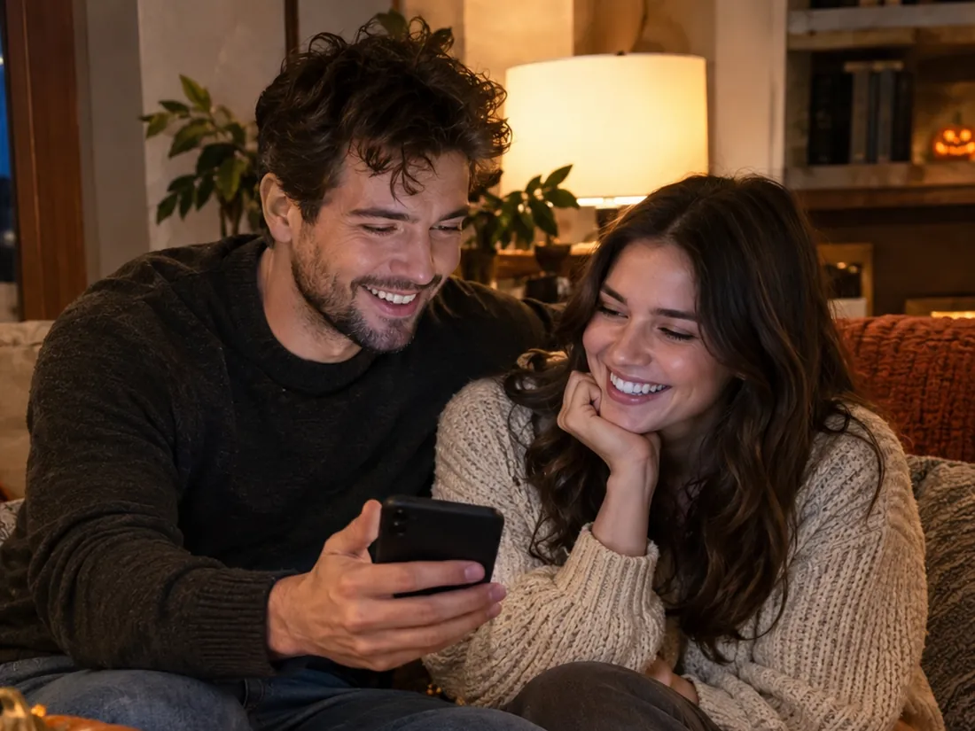 A couple on a sofa laughing at a phone while choosing Halloween costumes
