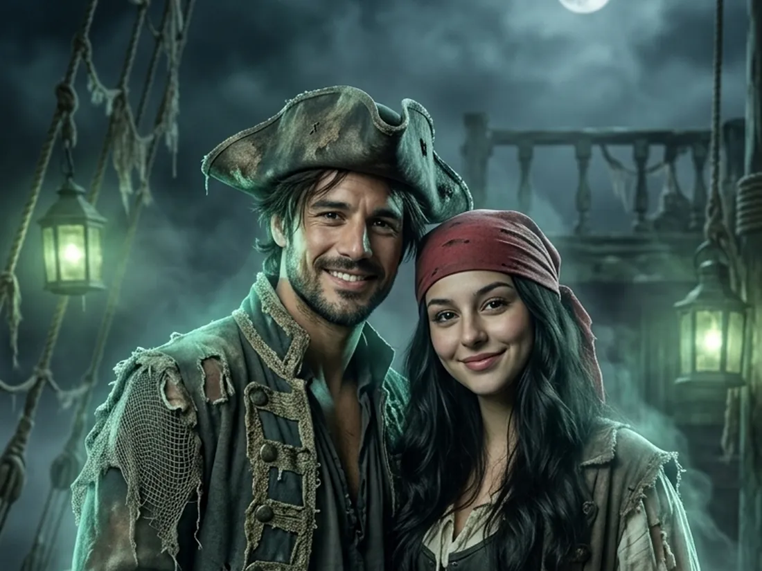 A couple dressed as ghost pirates on the deck of a foggy ship under a full moon