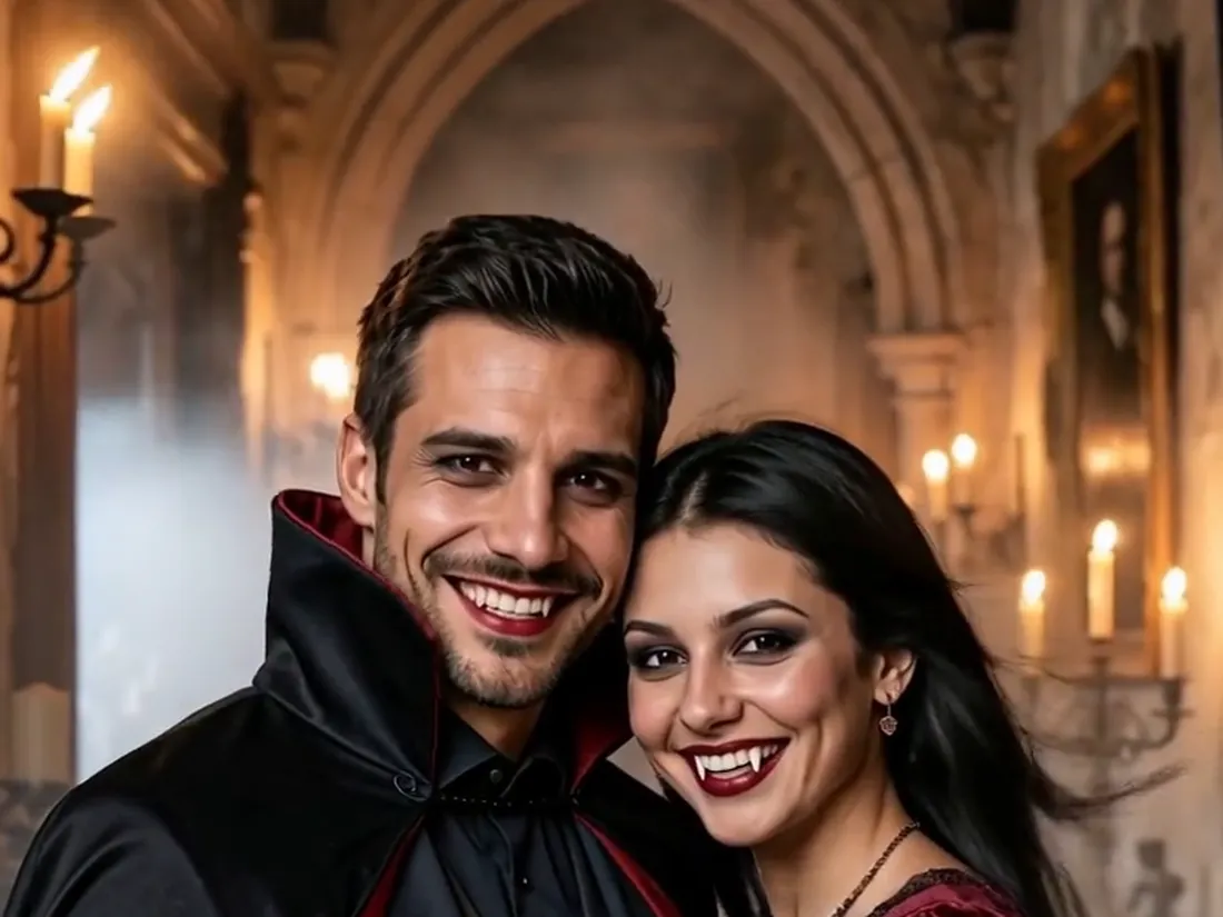A frame from the 5-second video of the vampire couple turning to the camera