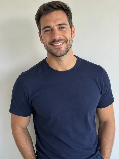 Example photo of the first person, a man in a navy t-shirt