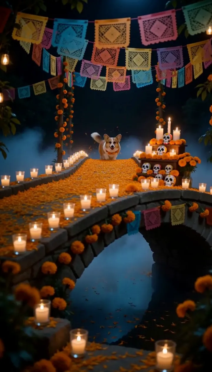 Opening frame of our actual video, corgi at the far end of a glowing marigold bridge