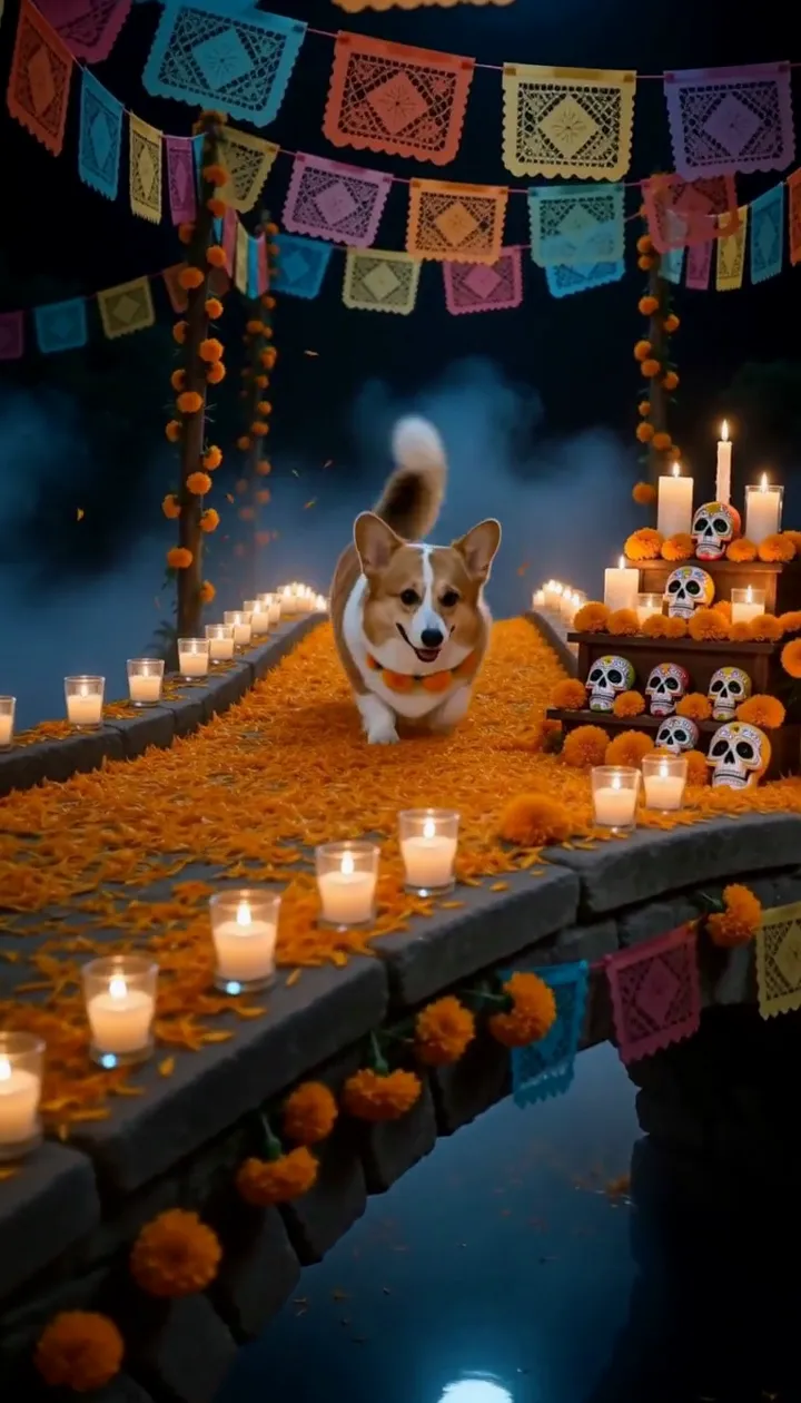 Middle of the actual generated video, corgi trotting over marigold petals