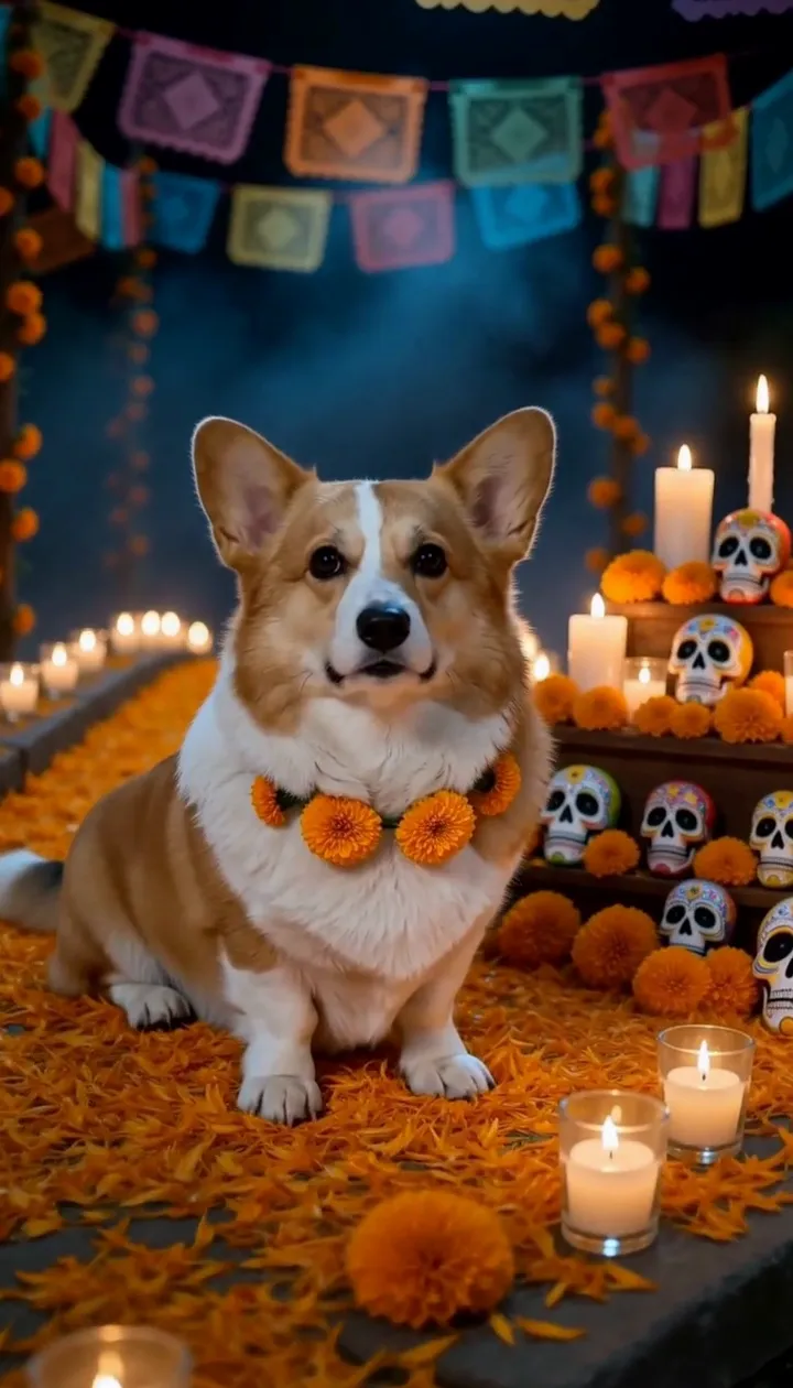 Final frame of the same actual sample, corgi sitting beside the altar