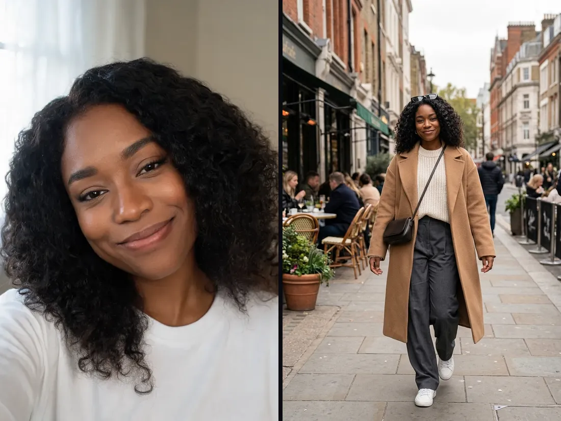 Before and after: a home selfie of a woman and the same woman in a camel coat on a city sidewalk