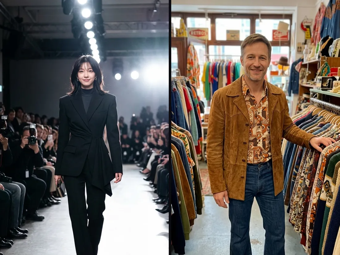 Two fashion influencer photos: a woman walking a runway in black tailoring and a man in a suede jacket in a vintage store