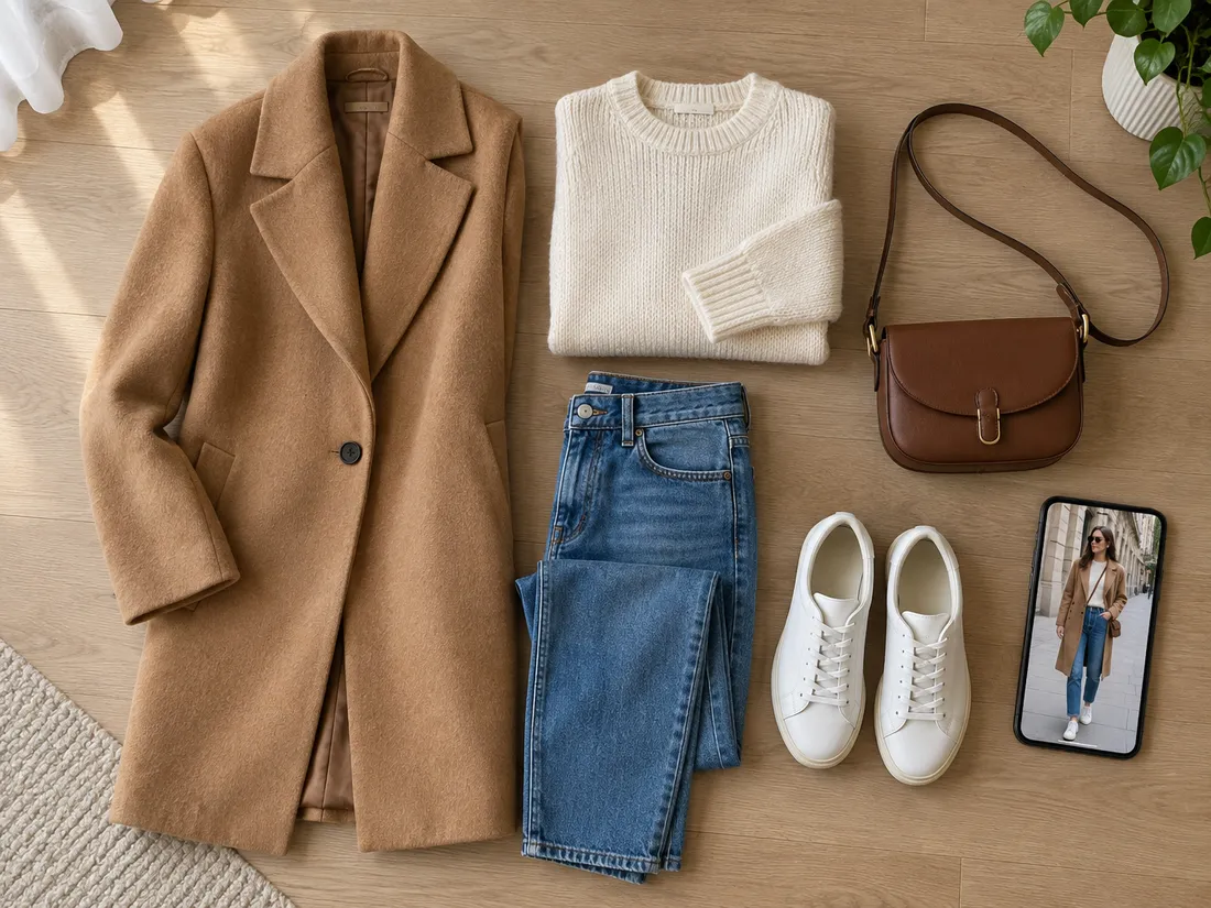 A flat lay of a camel coat, cream knit, jeans and sneakers next to a phone showing the outfit worn on a street