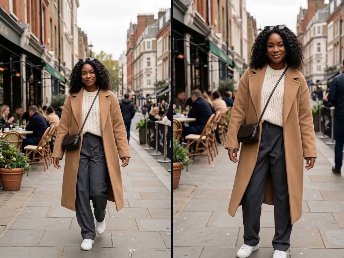 Two frames from a fashion influencer video of a woman in a camel coat walking down a street