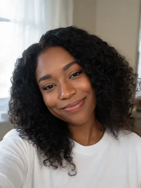 Example input: a smiling woman in a white T-shirt at home