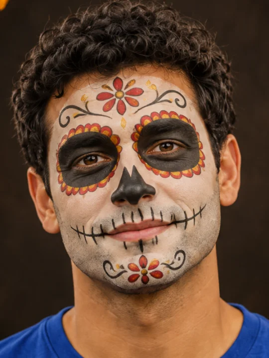 Detail crop of the same Catrina sample, showing painted flowers and cosmetic mouth lines