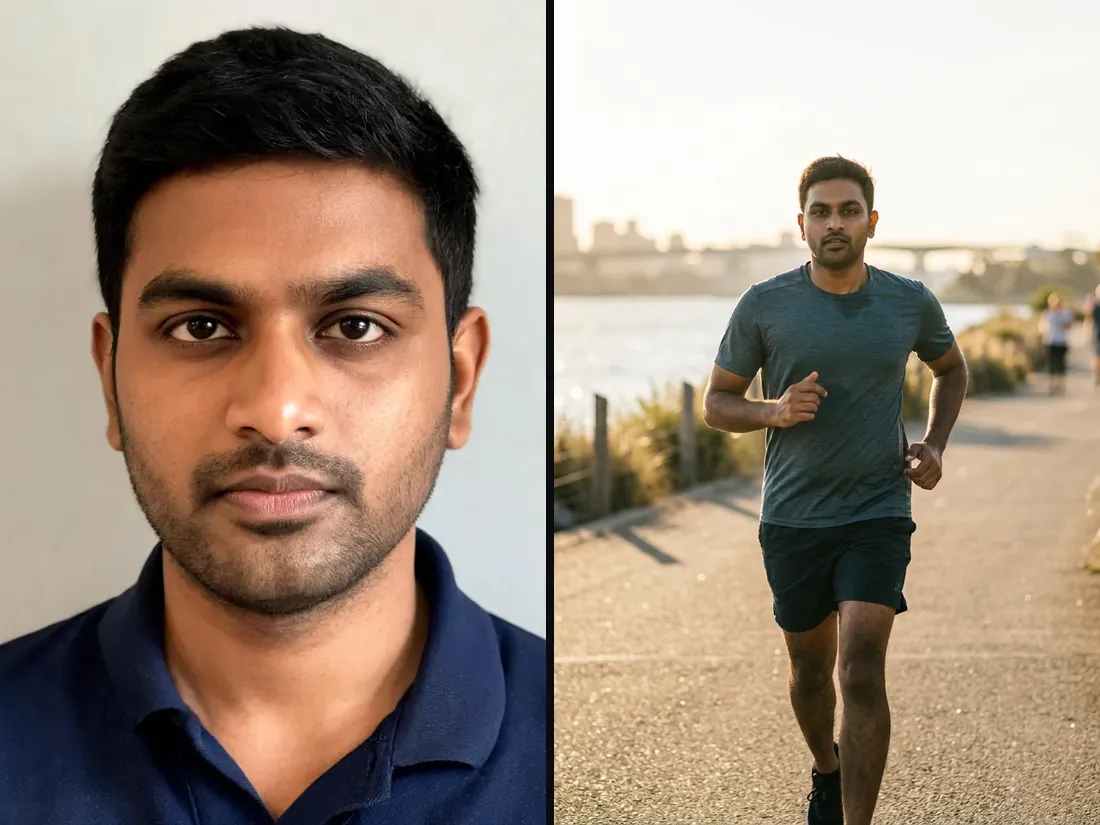 Before and after: a selfie of a man and the same man on a sunrise run as a fitness influencer