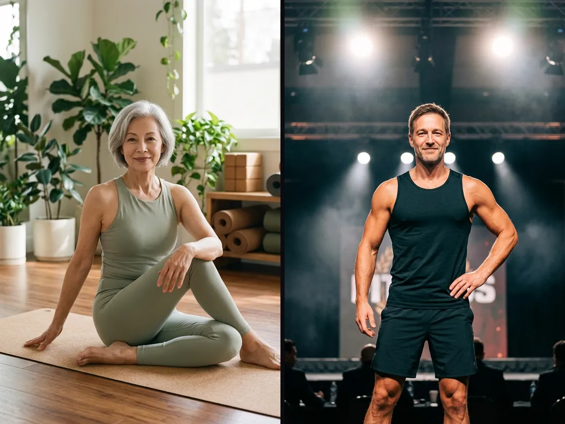 Two fitness influencer photos: an older woman in a yoga pose and a man posing on a fitness stage