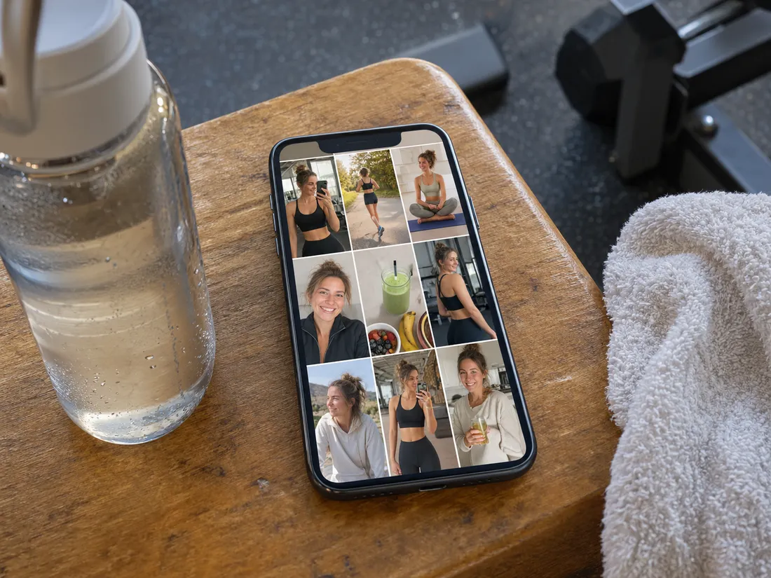 A phone on a gym bench showing a grid of workout photos of the same woman
