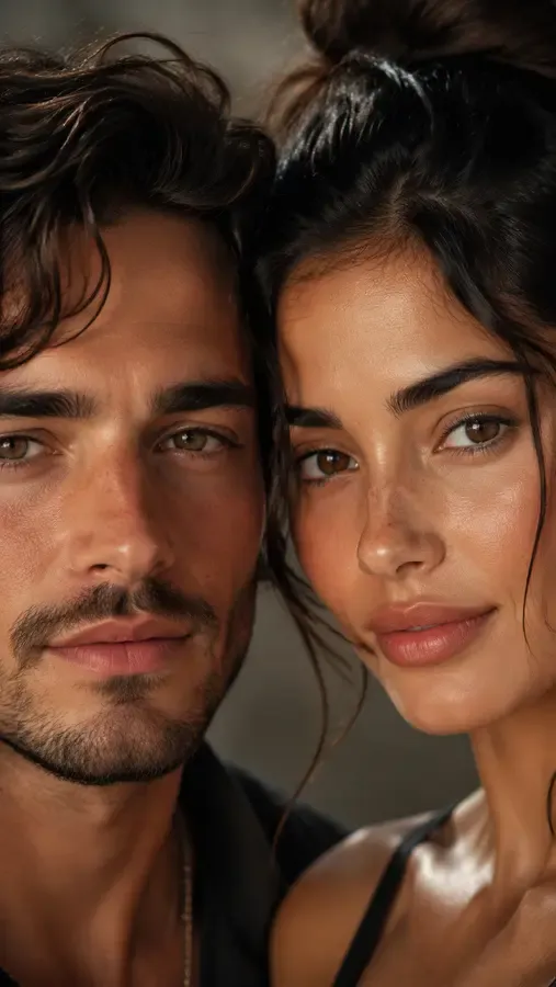 Close-up showing both partners’ faces kept true to the originals