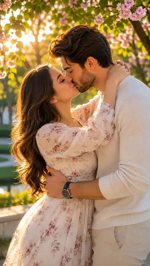 A tasteful, soft romantic kiss between a couple