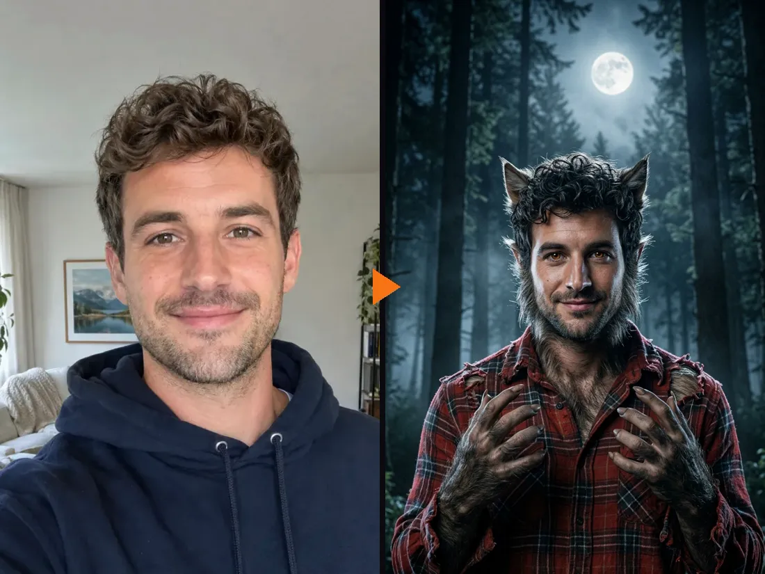Before and after: a selfie and the same man as a werewolf Halloween character