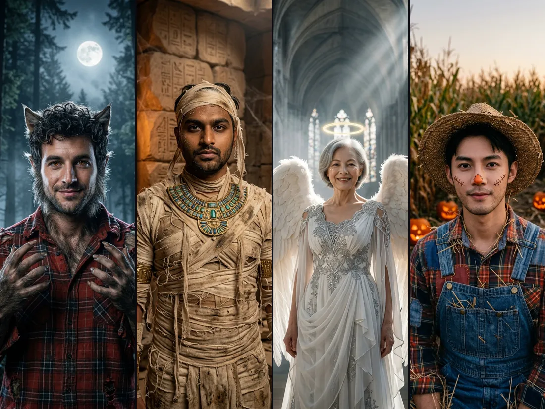 Four people as Halloween characters: a werewolf, a mummy, a fallen angel and a scarecrow