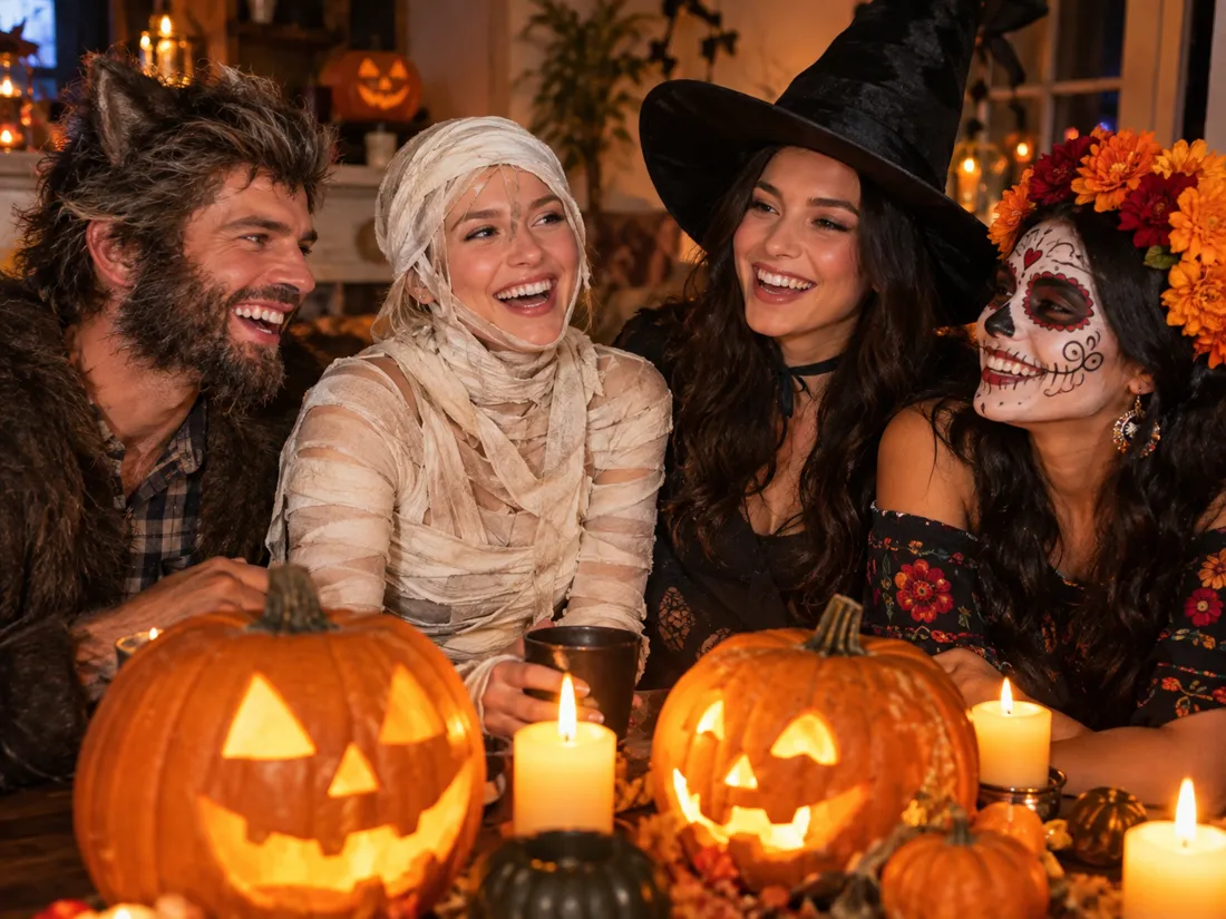 Four friends dressed as a werewolf, a mummy, a witch and a Day of the Dead character at a Halloween party
