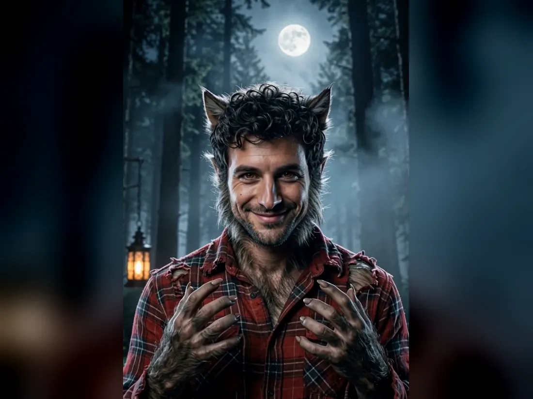 A frame from the werewolf video: the character smiling in a foggy moonlit forest