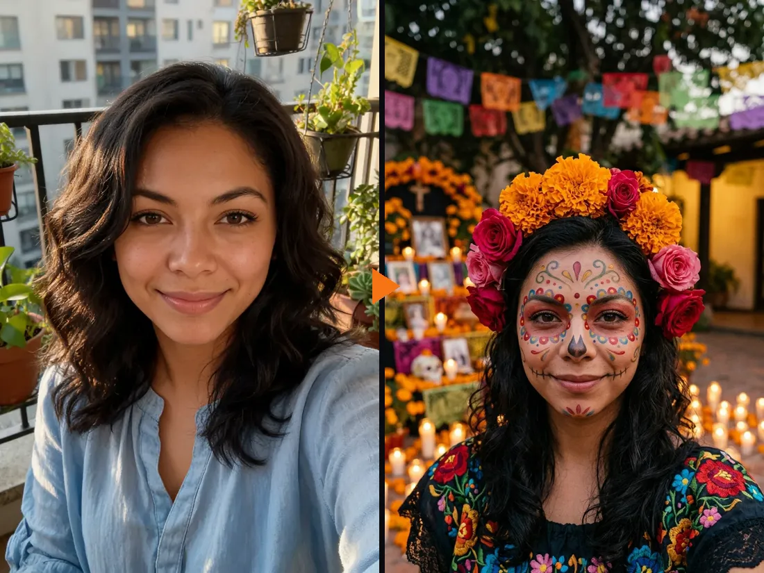 Before and after: a selfie and the same woman in a Day of the Dead Halloween costume