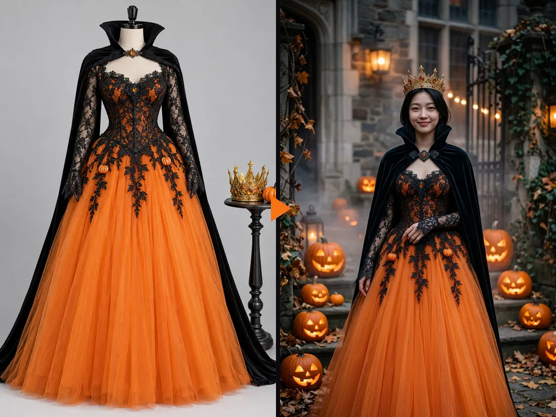A pumpkin queen Halloween costume on a dress form, then worn by a woman in front of carved pumpkins
