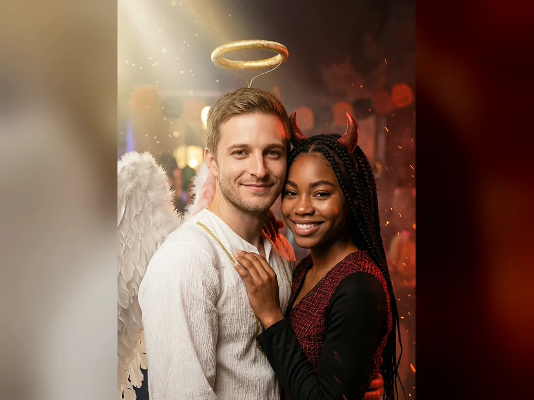 A couple in an angel and devil Halloween costume made from two separate selfies