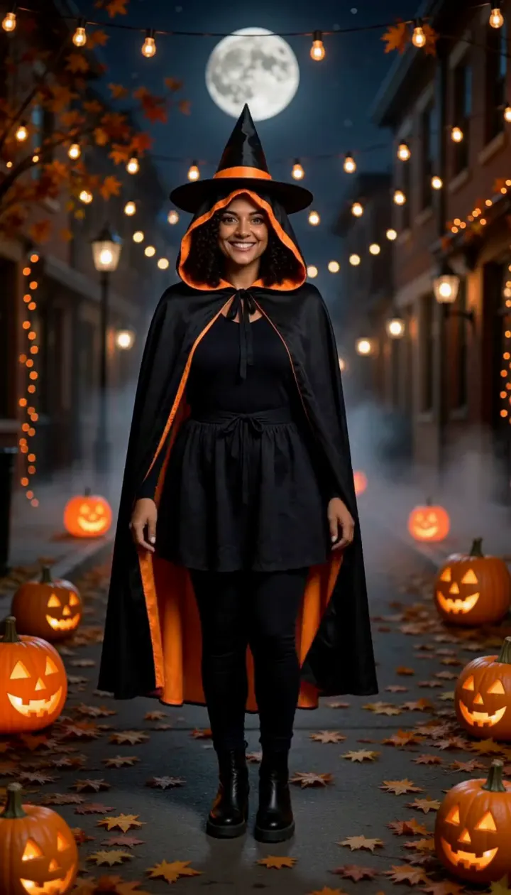 Opening frame of our actual video, dancer in a cape on a street of glowing pumpkins