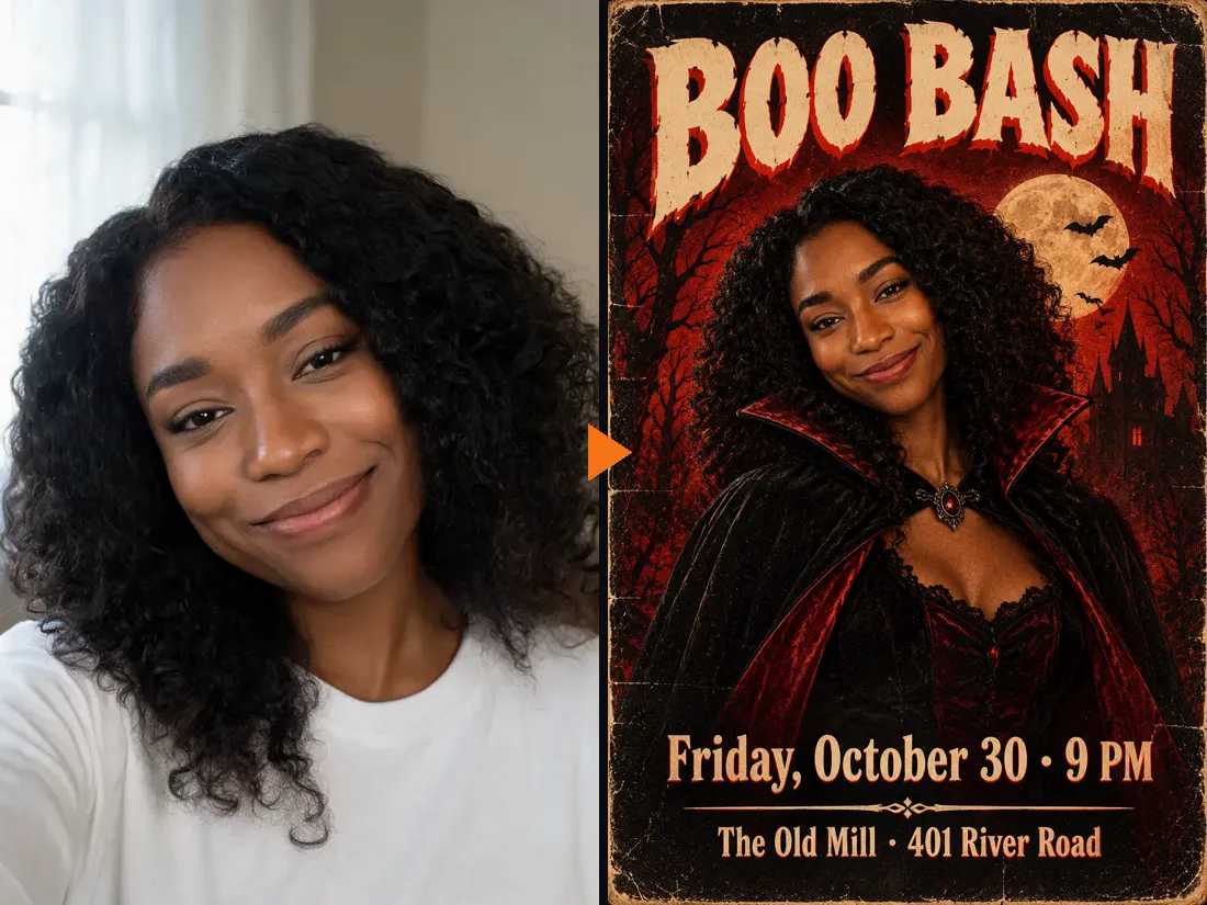 Before and after: a selfie and a retro horror Halloween poster with the same woman as a vampire and the party details