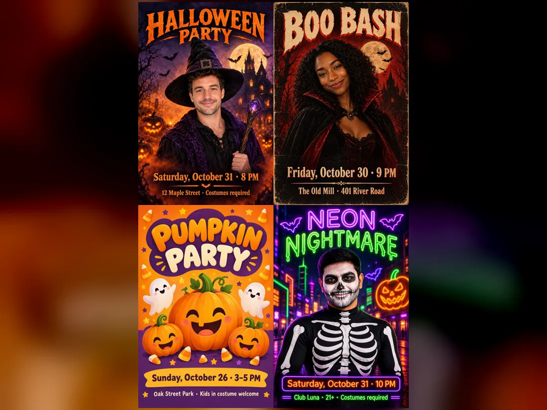 Four Halloween posters in four styles: haunted house, retro horror, cute pumpkin and neon night