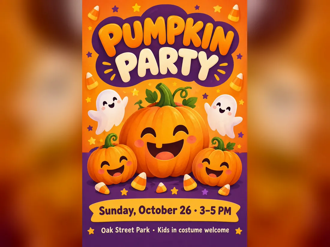 A cute cartoon Halloween poster titled PUMPKIN PARTY with smiling pumpkins, friendly ghosts and the date