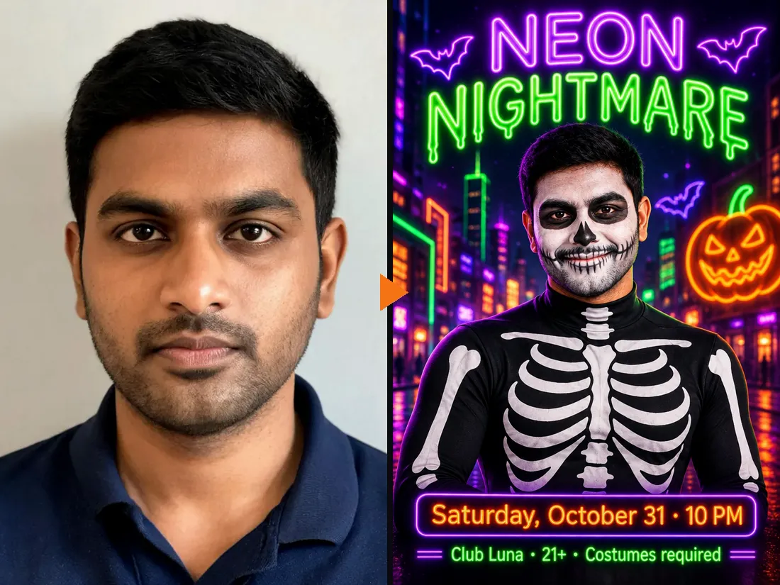 Before and after: a selfie and a neon Halloween poster with the same man in skeleton face paint
