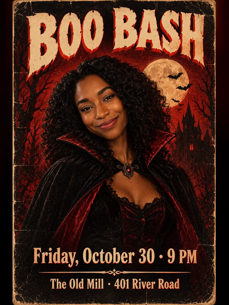 Halloween poster result: a retro horror party poster titled BOO BASH with a woman dressed as a vampire, the date and the address