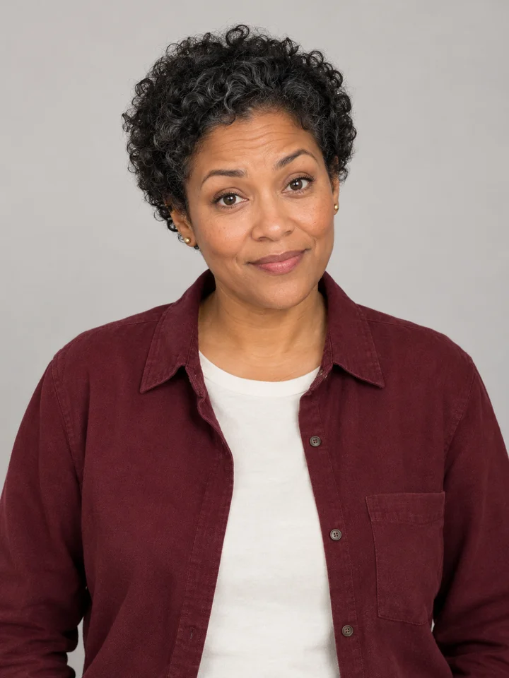 Fictional adult woman in a burgundy overshirt used for the displayed sample