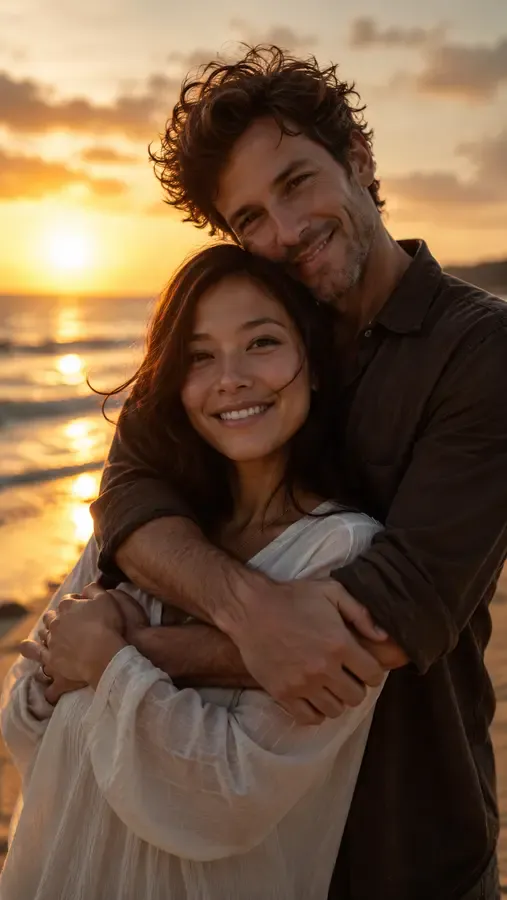 Two people from different photos merged into one hug from behind