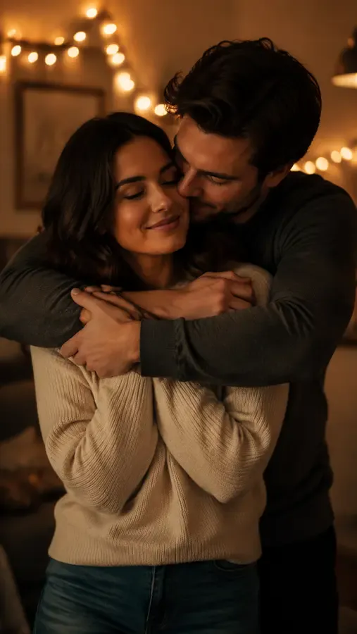 One person wrapping their arms around another from behind