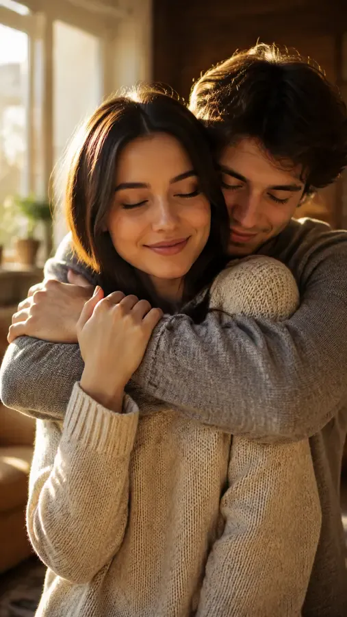 A single photo of two people animated into a tender hug from behind