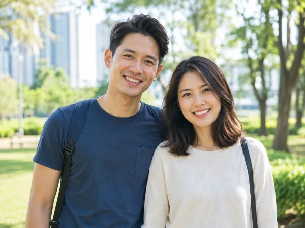 A real photo of two people standing together