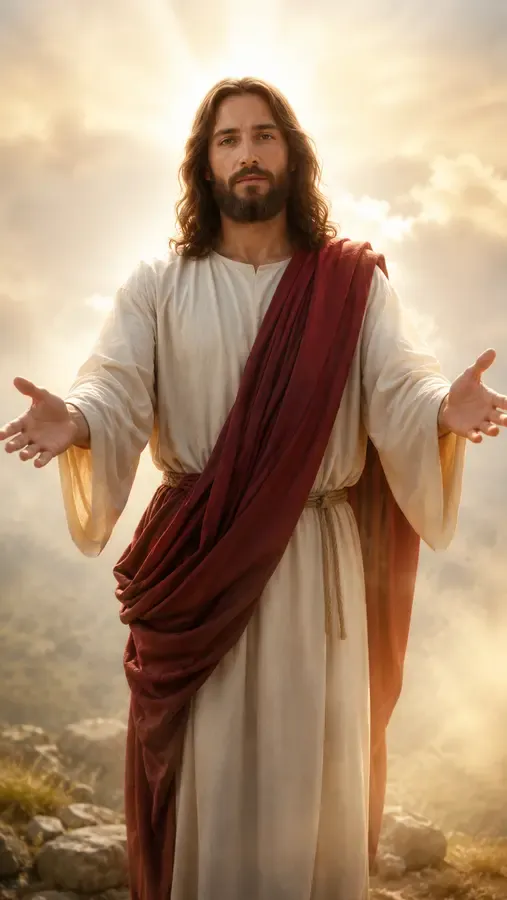 Jesus Christ depicted in a white-and-red robe giving a gentle hug
