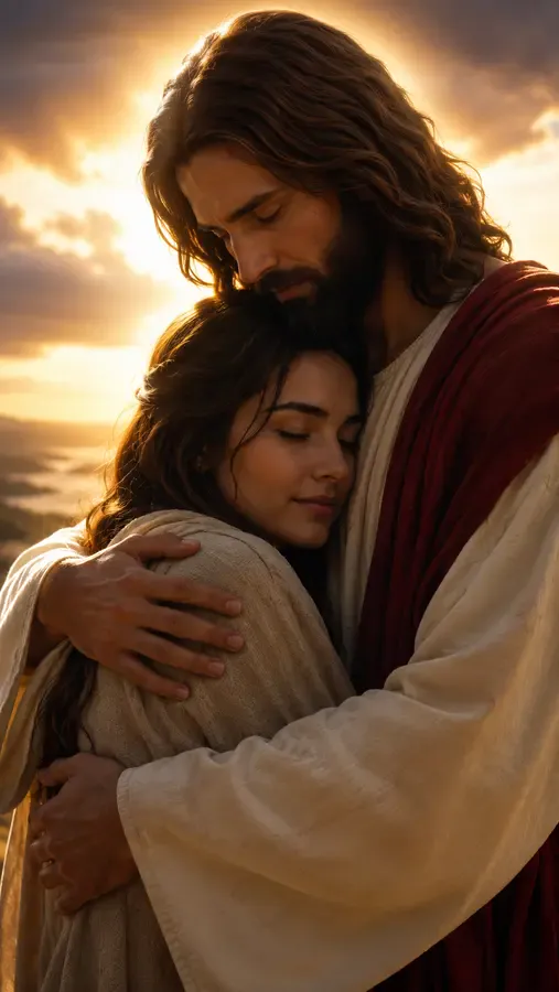A single portrait composed into a warm, comforting hug from Jesus Christ