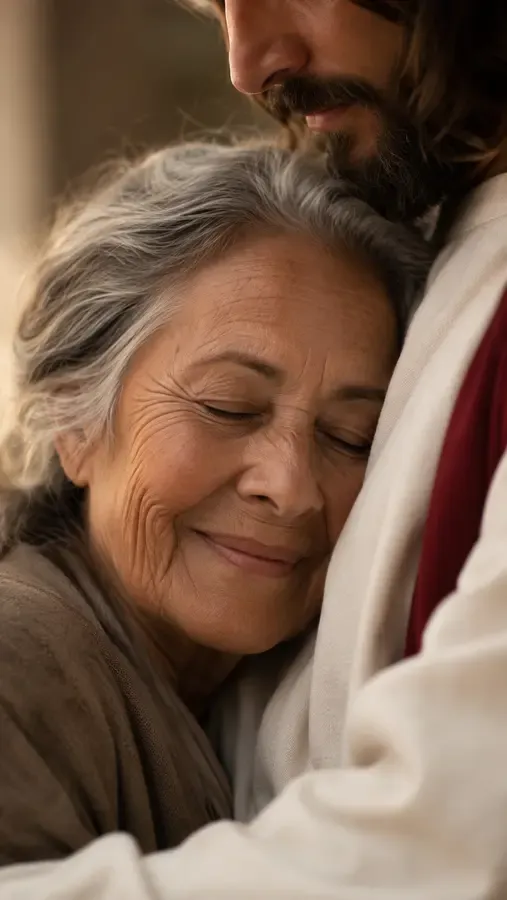 Close-up showing the uploaded face kept true inside a Jesus hug