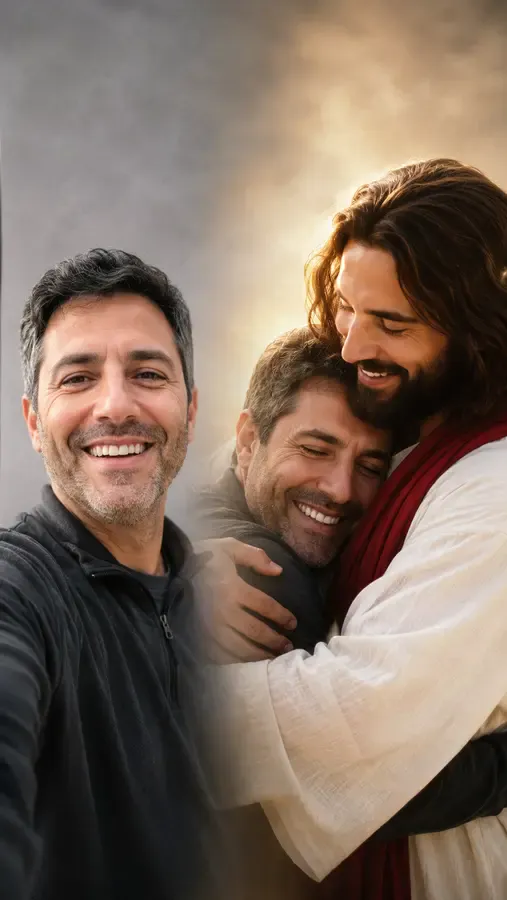 A single uploaded photo composed into a hug from Jesus Christ