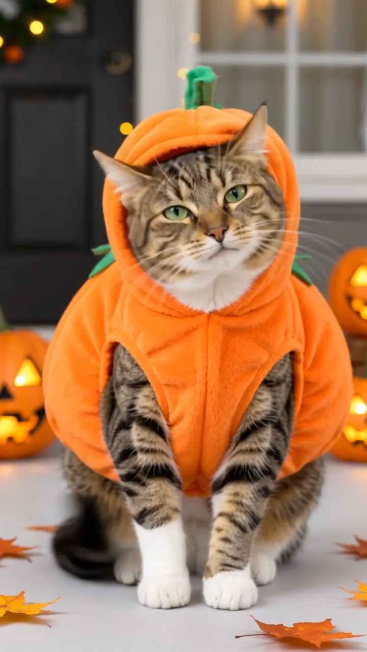 Frame at four seconds of the actual video, cat in its pumpkin costume