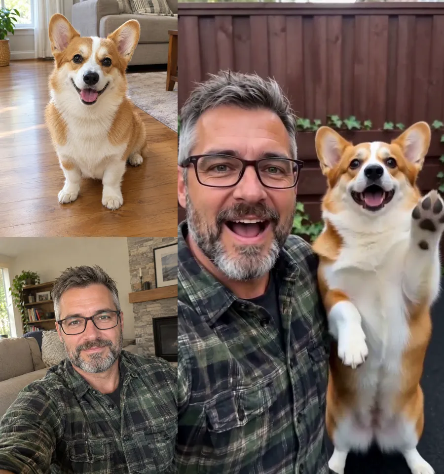 Two uploaded photos and the Smalltown Boy AI result with both of them in the backyard