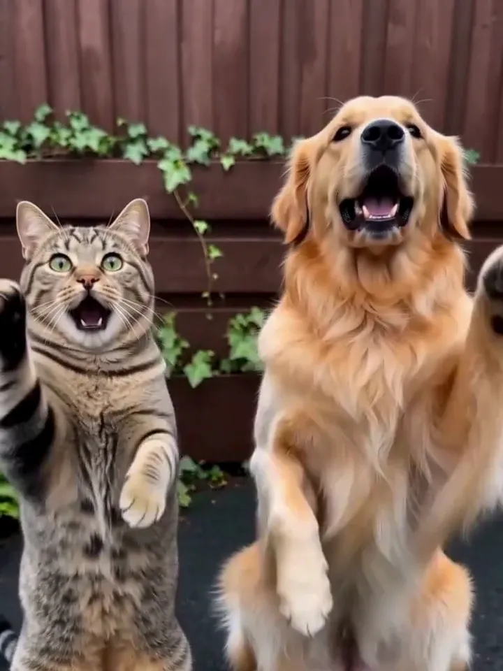 A tabby cat and a golden retriever standing side by side in the Smalltown Boy AI video