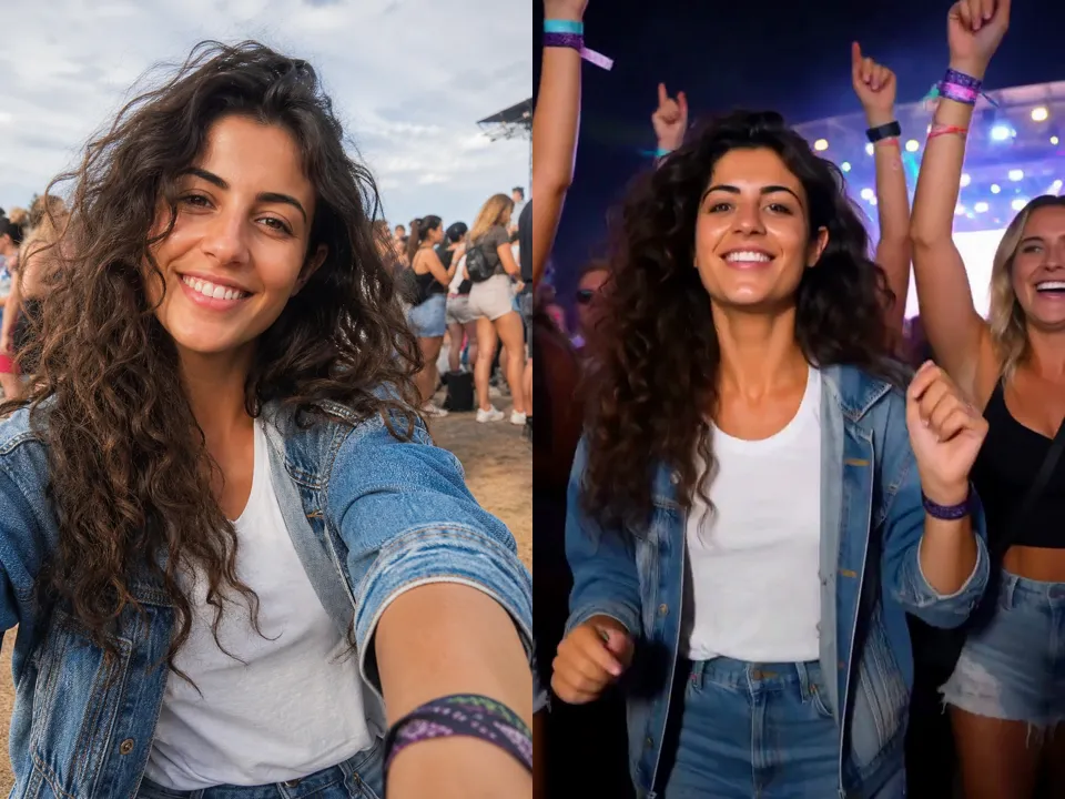 An uploaded selfie next to the sniffer dog AI result with the same person dancing in the festival crowd