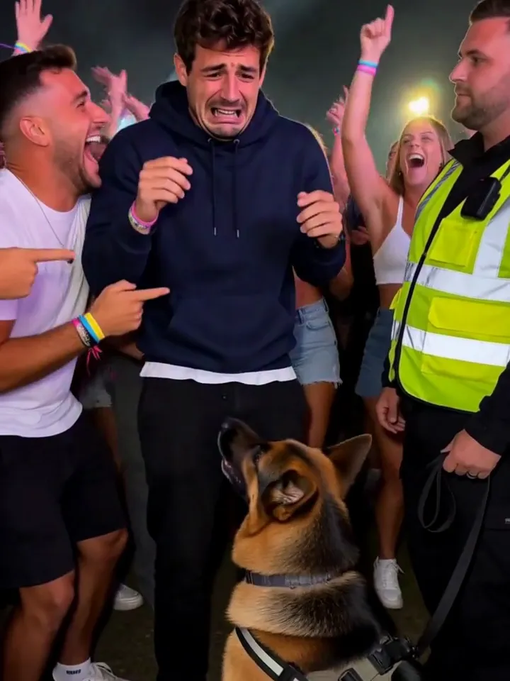 The person from the photo fake-crying while friends laugh in the sniffer dog AI video