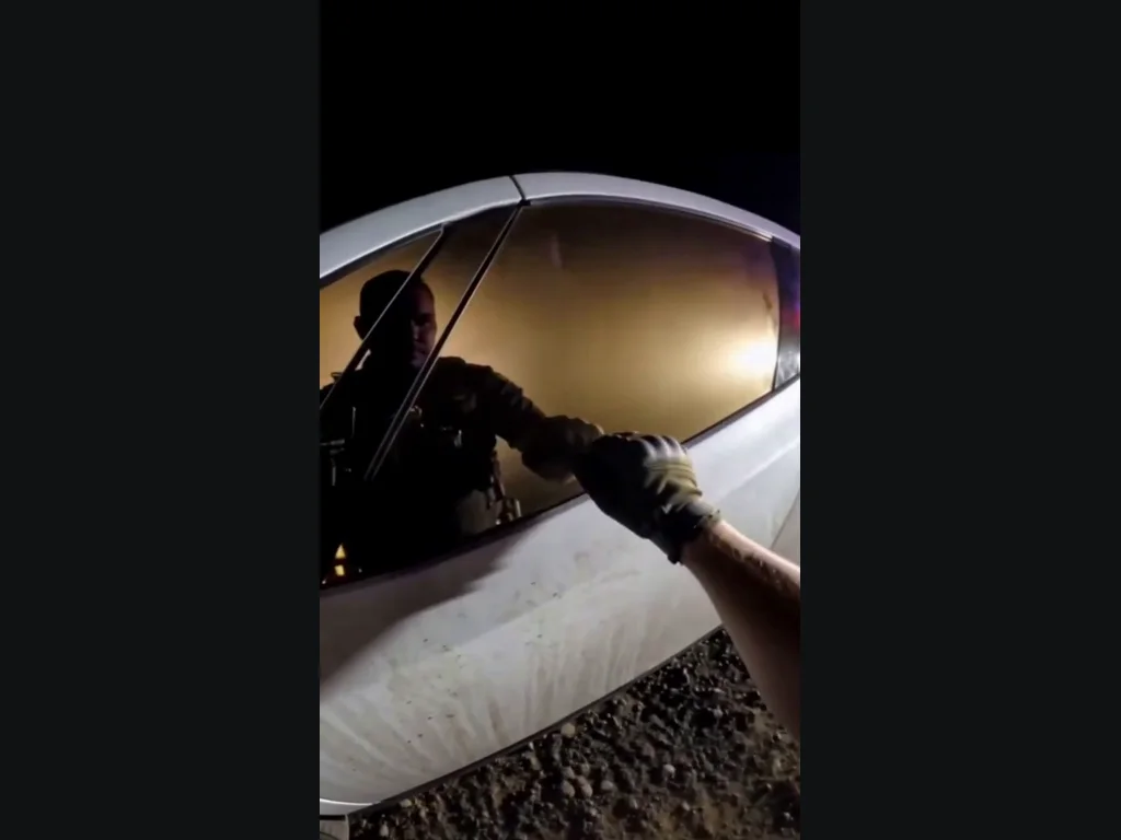 Tesla Roadster AI generated example, officer’s gloved hand knocking on the window